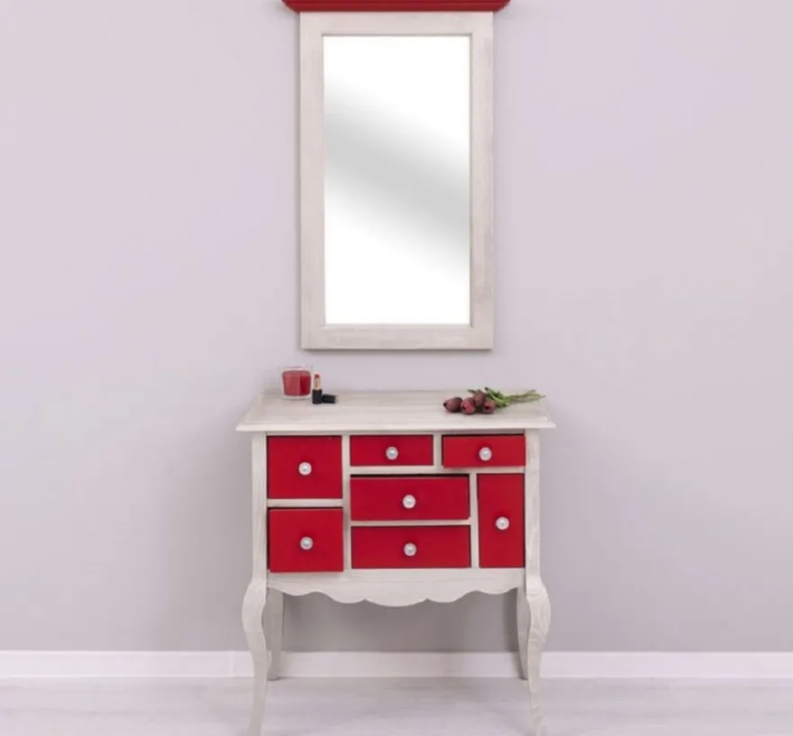 Casa Padrino Landhausstil Kommode mit Spiegel Hellgrau / Rot - Massivholz Schrank mit Wandspiegel - Landhausstil Garderoben Möbel