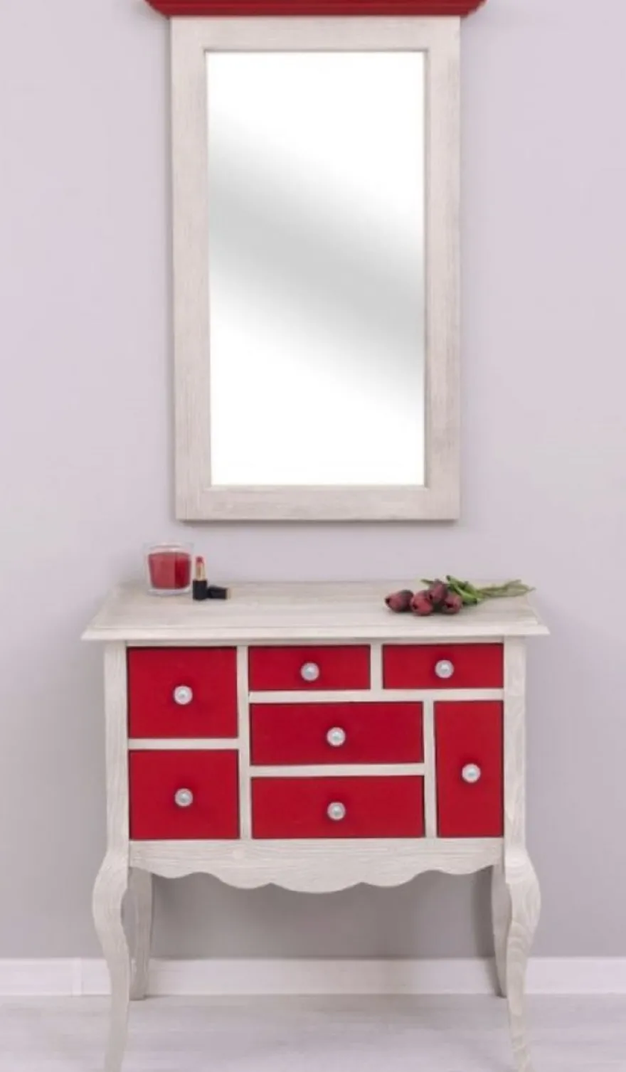 Casa Padrino Landhausstil Kommode mit Spiegel Hellgrau / Rot - Massivholz Schrank mit Wandspiegel - Landhausstil Garderoben Möbel