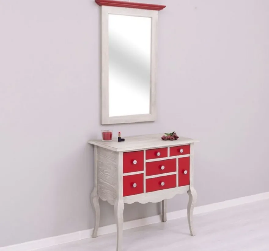 Casa Padrino Landhausstil Kommode mit Spiegel Hellgrau / Rot - Massivholz Schrank mit Wandspiegel - Landhausstil Garderoben Möbel