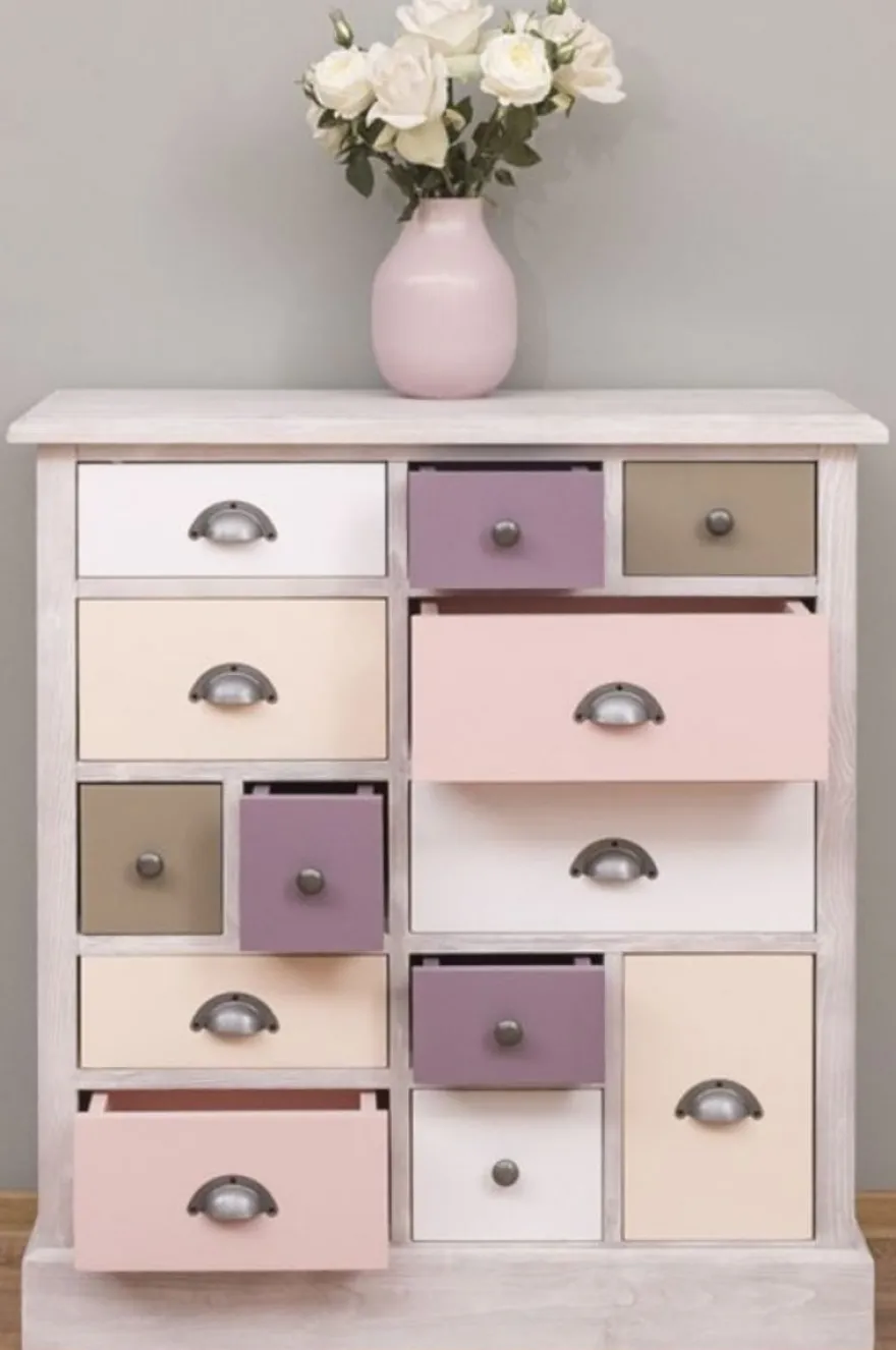 Casa Padrino Landhausstil Kommode Hellgrau / Mehrfarbig 90 x 35 x H. 97 cm - Massivholz Schrank mit 13 Schubladen - Landhausstil Möbel