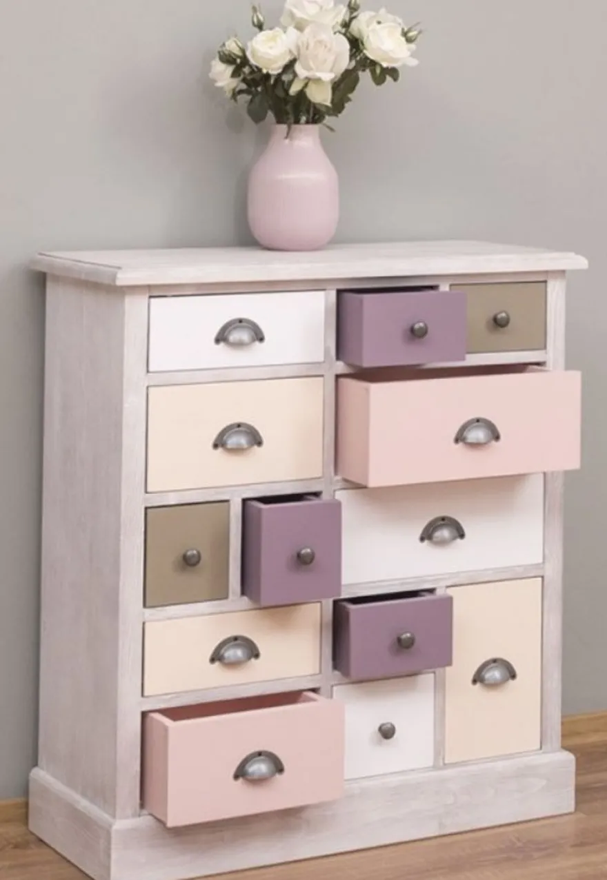 Casa Padrino Landhausstil Kommode Hellgrau / Mehrfarbig 90 x 35 x H. 97 cm - Massivholz Schrank mit 13 Schubladen - Landhausstil Möbel