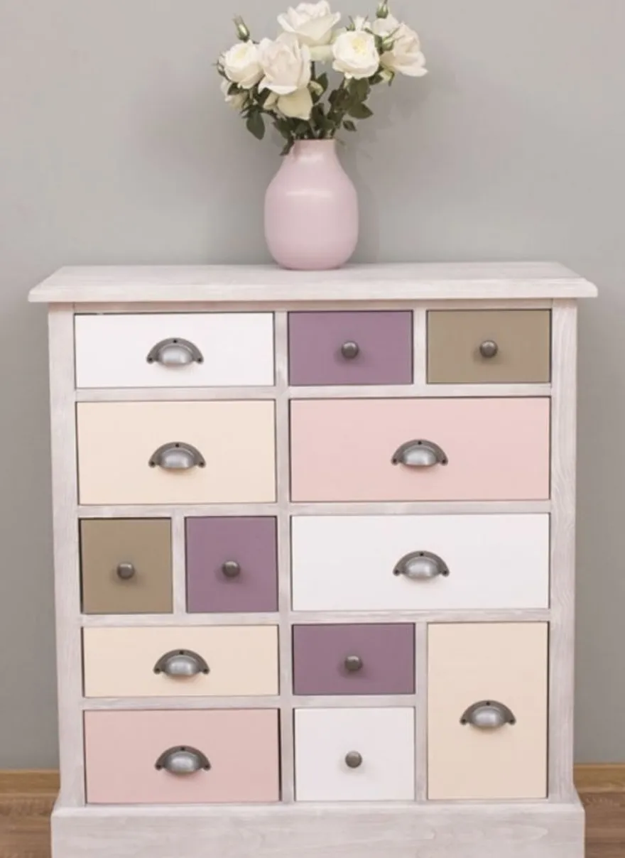 Casa Padrino Landhausstil Kommode Hellgrau / Mehrfarbig 90 x 35 x H. 97 cm - Massivholz Schrank mit 13 Schubladen - Landhausstil Möbel