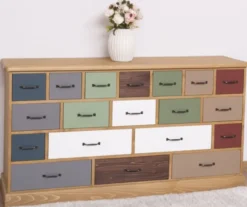 Casa Padrino Landhausstil Kommode Hellbraun / Mehrfarbig 180 x 48 x H. 95 cm - Massivholz Schrank mit 19 Schubladen - Landhausstil Möbel