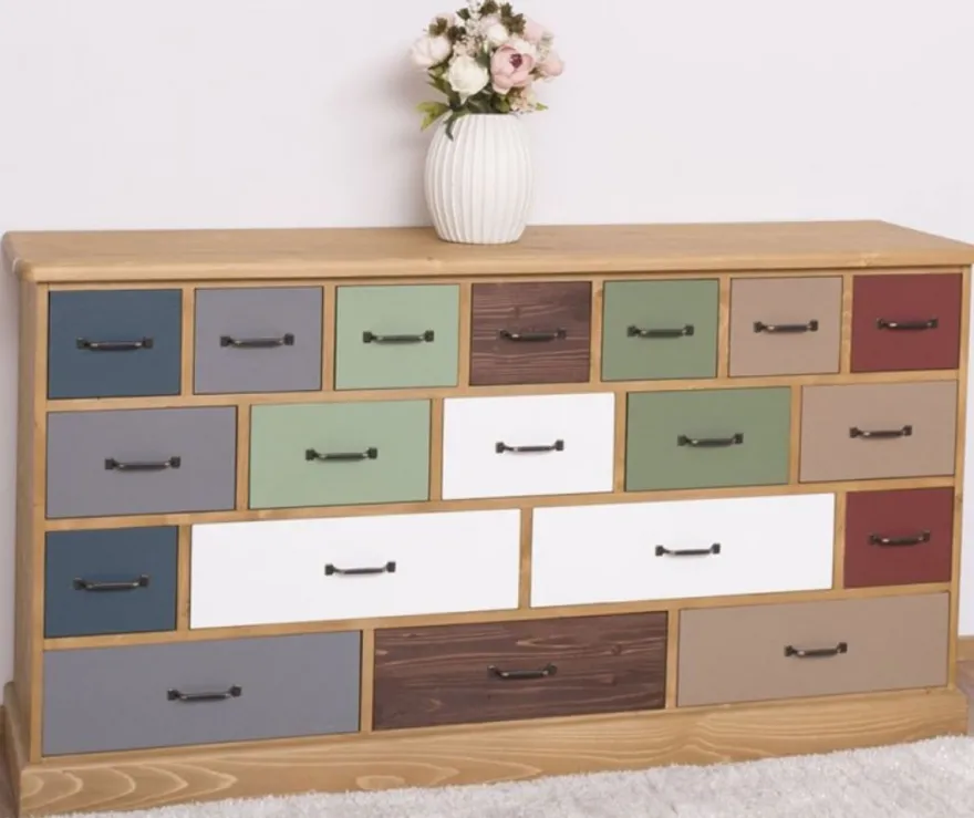 Casa Padrino Landhausstil Kommode Hellbraun / Mehrfarbig 180 x 48 x H. 95 cm - Massivholz Schrank mit 19 Schubladen - Landhausstil Möbel