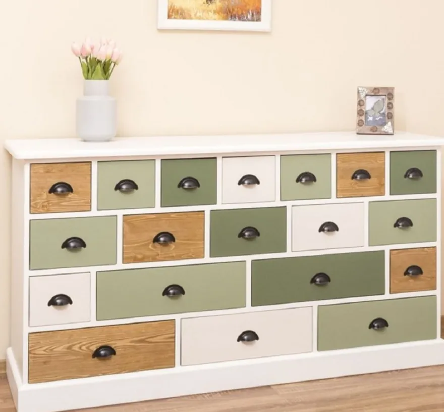 Casa Padrino Landhausstil Kommode Weiß / Grün / Naturfarben 180 x 48 x H. 95 cm - Massivholz Schrank mit 19 Schubladen - Landhausstil Möbel - Möbel im Landhausstil - Landhausstil Einrichtung