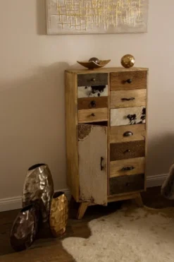 Casa Padrino Landhausstil Kommode Naturfarben / Mehrfarbig 55 x 30 x H. 110 cm - Landhausstil Schrank mit Tür und 11 Schubladen