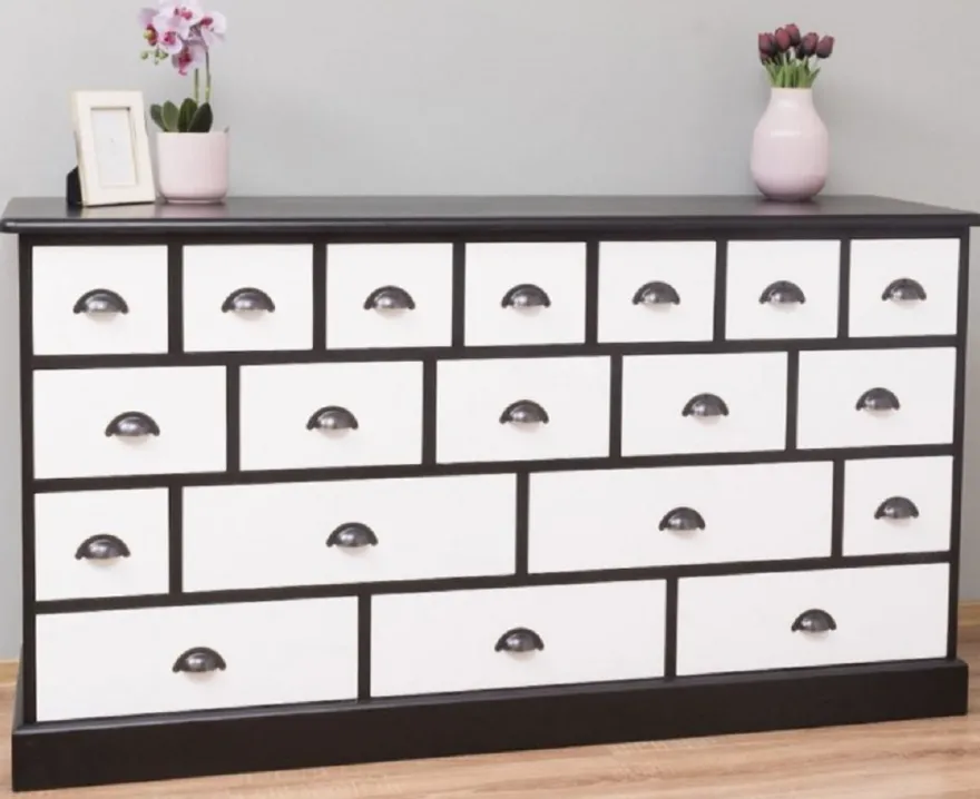 Casa Padrino Landhausstil Kommode Schwarz / Weiß 180 x 48 x H. 95 cm - Massivholz Schrank mit 19 Schubladen - Landhausstil Möbel - Möbel im Landhausstil - Landhausstil Einrichtung