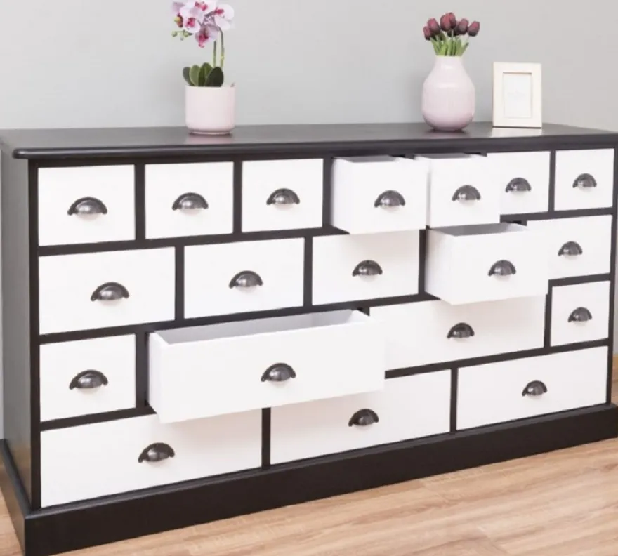 Casa Padrino Landhausstil Kommode Schwarz / Weiß 180 x 48 x H. 95 cm - Massivholz Schrank mit 19 Schubladen - Landhausstil Möbel - Möbel im Landhausstil - Landhausstil Einrichtung