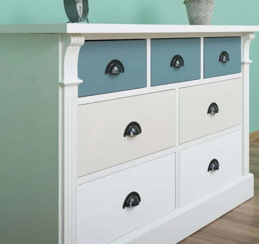 Casa Padrino Landhausstil Kommode mit 7 Schubladen Weiß / Creme / Hellblau 122 x 41 x H. 75 cm - Massivholz Möbel