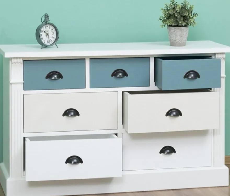 Casa Padrino Landhausstil Kommode mit 7 Schubladen Weiß / Creme / Hellblau 122 x 41 x H. 75 cm - Massivholz Möbel