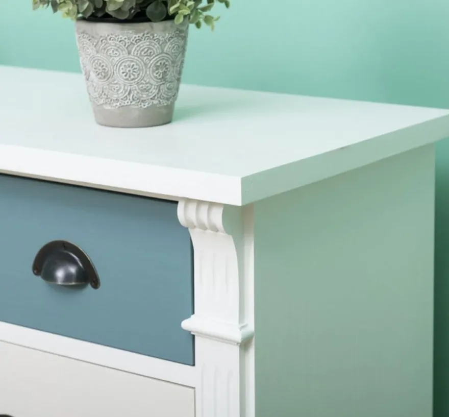 Casa Padrino Landhausstil Kommode mit 7 Schubladen Weiß / Creme / Hellblau 122 x 41 x H. 75 cm - Massivholz Möbel