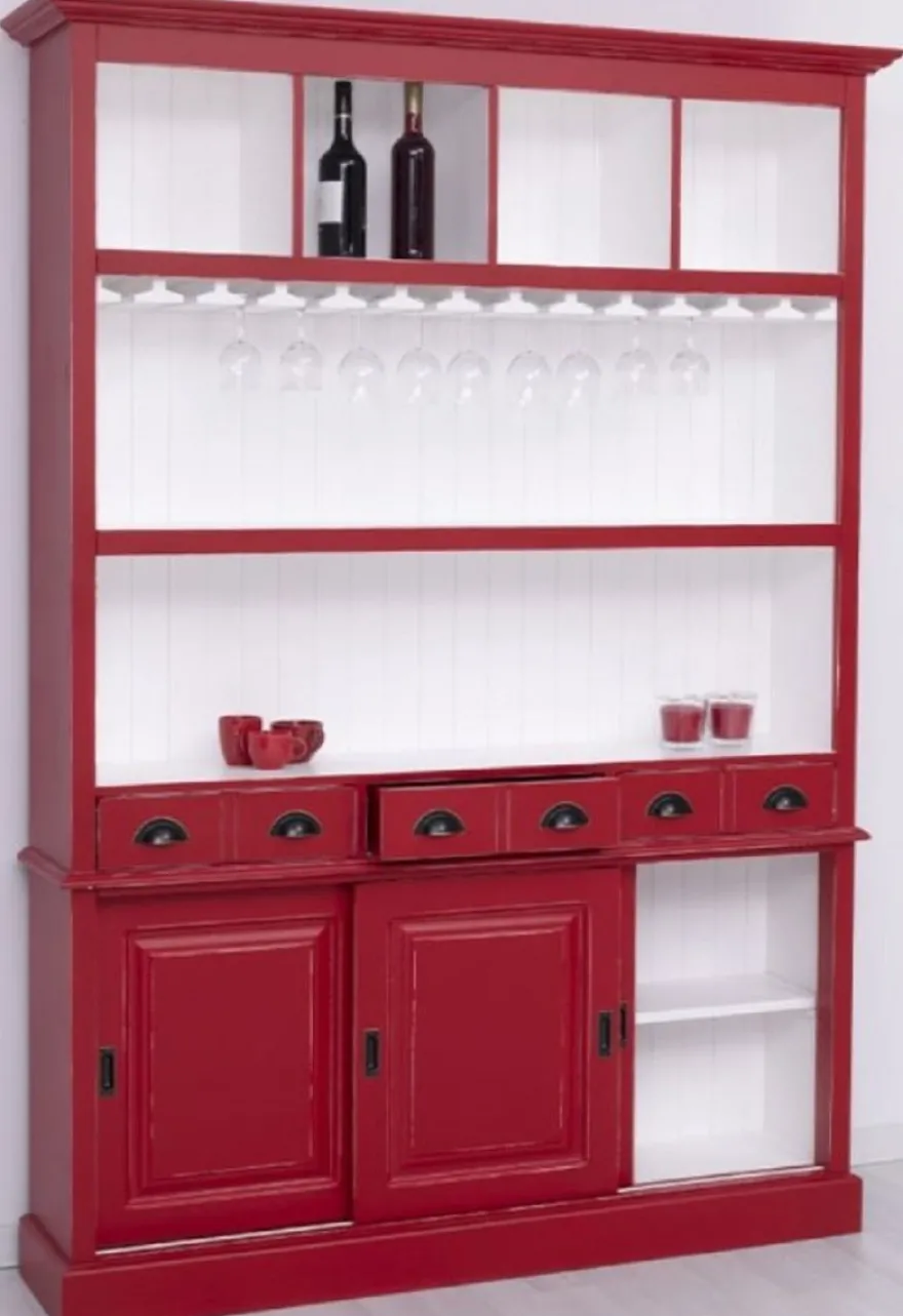 Casa Padrino Landhausstil Massivholz Barschrank Antik Rot / Weiß 151 x 36 x H. 210 cm - Massivholz Weinschrank im Landhausstil - Massivholz Bar Möbel - Landhausstil Bar Möbel