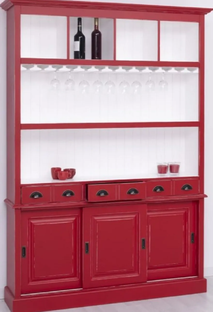 Casa Padrino Landhausstil Massivholz Barschrank Antik Rot / Weiß 151 x 36 x H. 210 cm - Massivholz Weinschrank im Landhausstil - Massivholz Bar Möbel - Landhausstil Bar Möbel