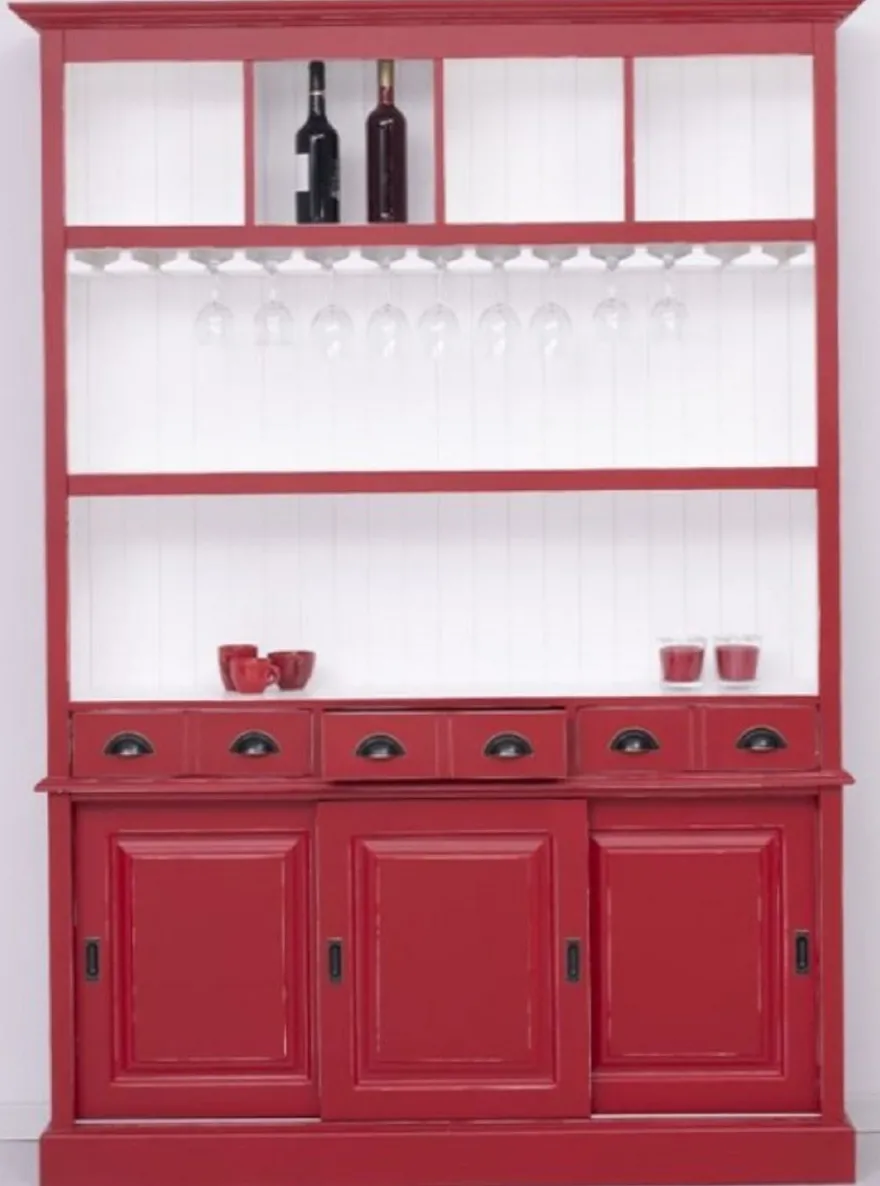 Casa Padrino Landhausstil Massivholz Barschrank Antik Rot / Weiß 151 x 36 x H. 210 cm - Massivholz Weinschrank im Landhausstil - Massivholz Bar Möbel - Landhausstil Bar Möbel