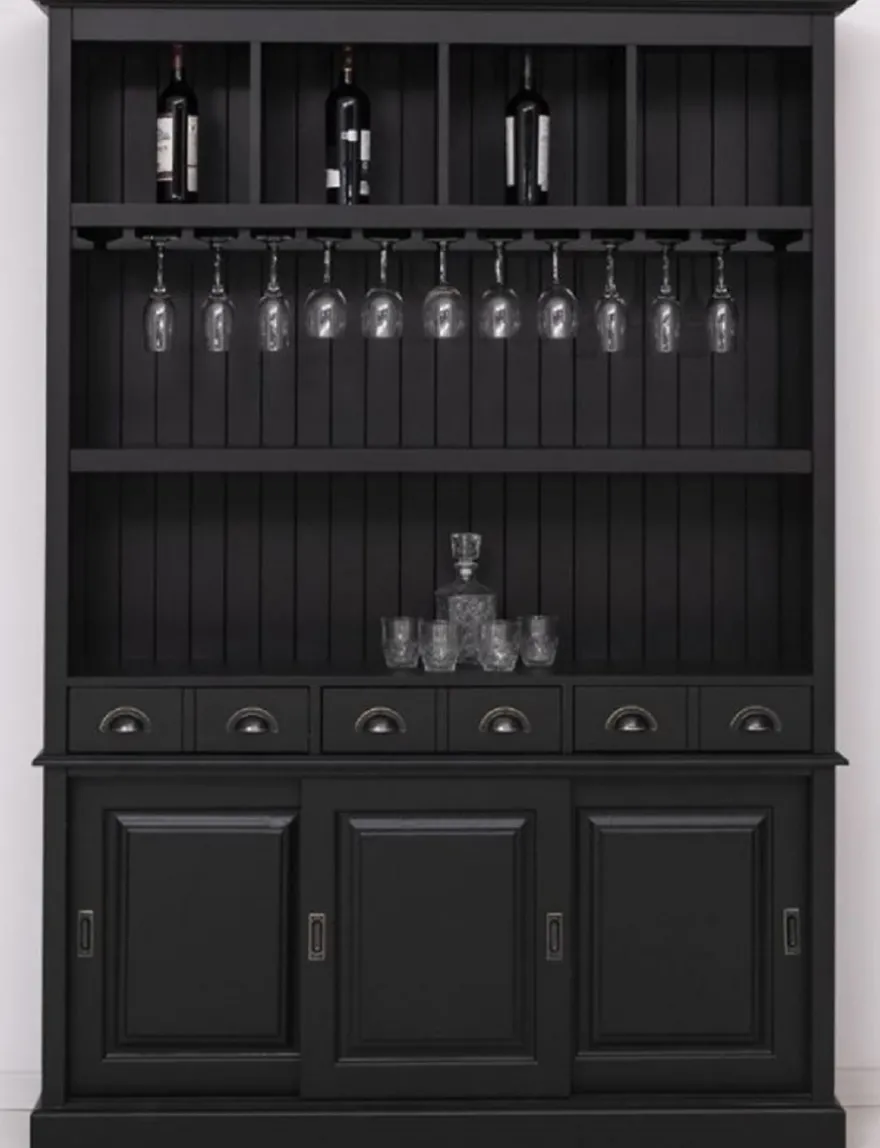 Casa Padrino Landhausstil Massivholz Barschrank Schwarz 151 x 36 x H. 210 cm - Massivholz Weinschrank im Landhausstil - Massivholz Bar Möbel - Landhausstil Bar Möbel