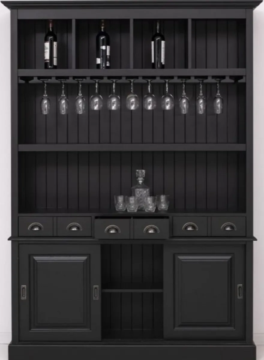 Casa Padrino Landhausstil Massivholz Barschrank Schwarz 151 x 36 x H. 210 cm - Massivholz Weinschrank im Landhausstil - Massivholz Bar Möbel - Landhausstil Bar Möbel