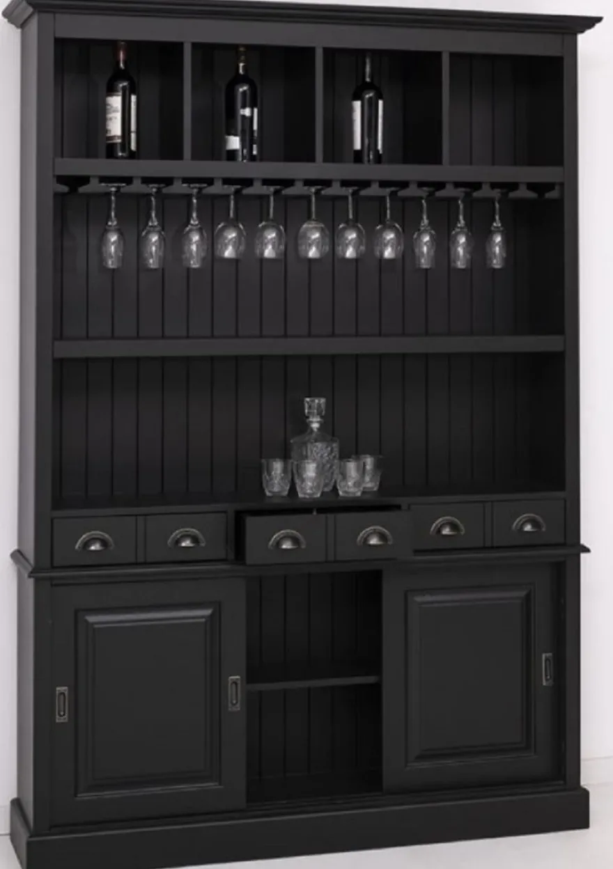 Casa Padrino Landhausstil Massivholz Barschrank Schwarz 151 x 36 x H. 210 cm - Massivholz Weinschrank im Landhausstil - Massivholz Bar Möbel - Landhausstil Bar Möbel