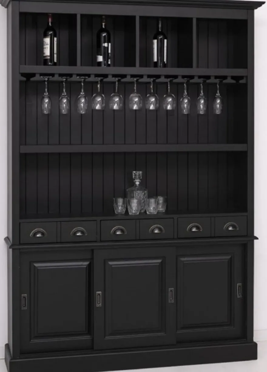 Casa Padrino Landhausstil Massivholz Barschrank Schwarz 151 x 36 x H. 210 cm - Massivholz Weinschrank im Landhausstil - Massivholz Bar Möbel - Landhausstil Bar Möbel