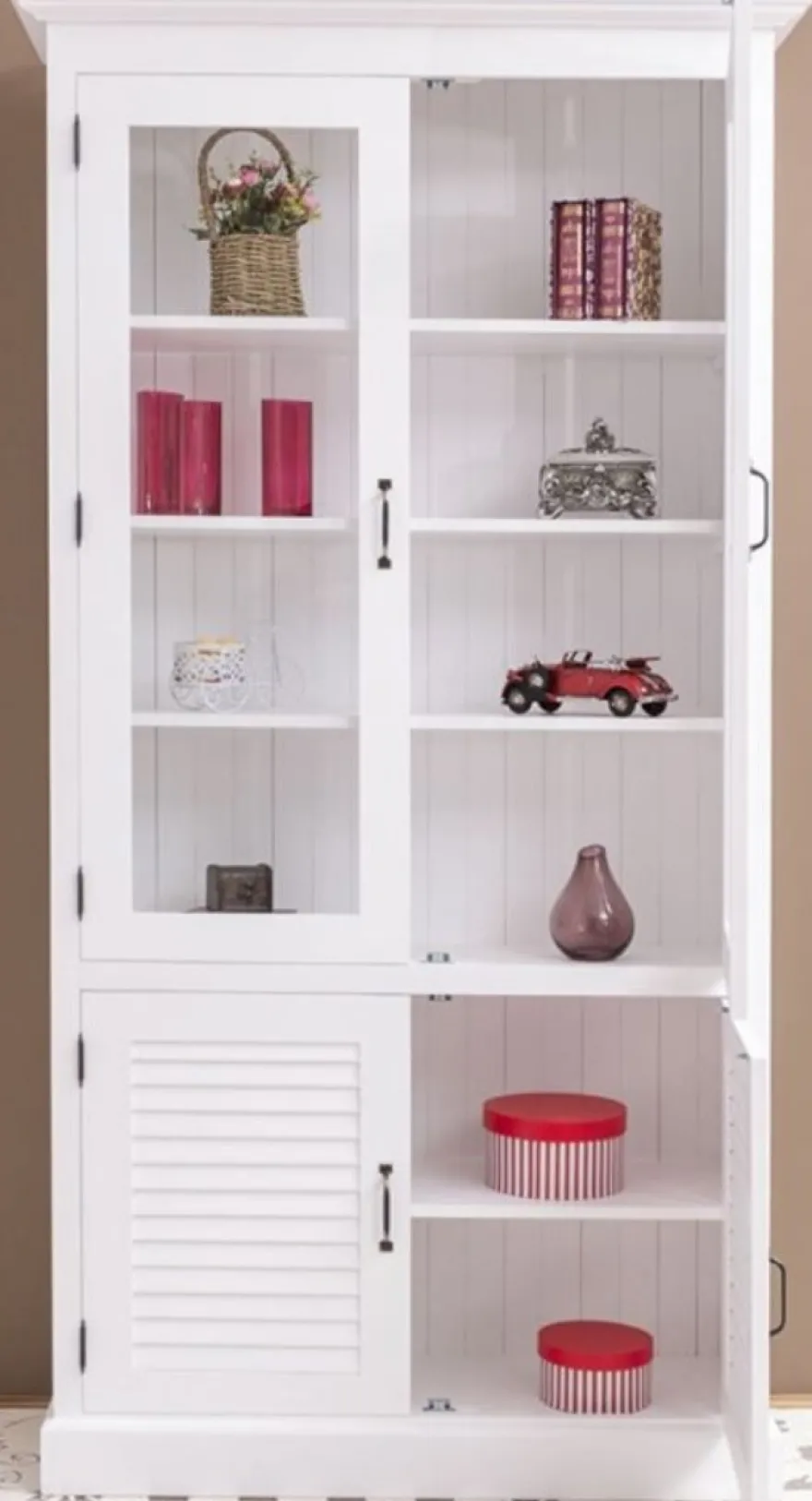 Casa Padrino Landhausstil Massivholz Schrank mit 4 Türen Weiß 64 x 39 x H. 210 cm - Regalschrank - Wohnzimmerschrank - Vitrinenschrank - Landhausstil Möbel