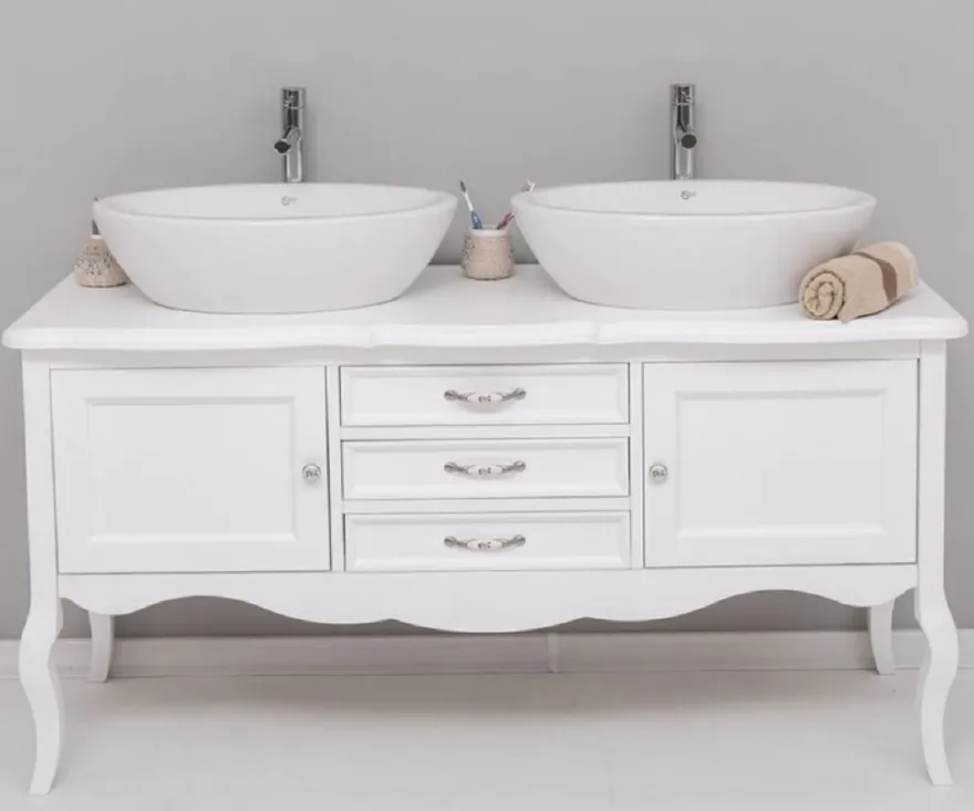 Casa Padrino Landhausstil Massivholz Doppel Waschtisch Weiß 150 cm - Landhausstil Badezimmer Möbel