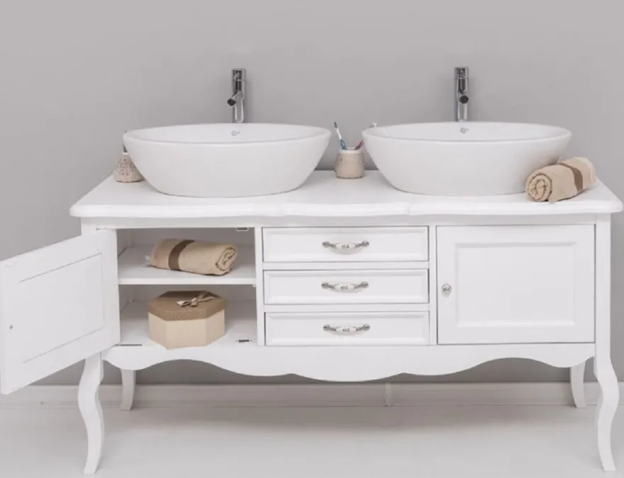 Casa Padrino Landhausstil Massivholz Doppel Waschtisch Weiß 150 cm - Landhausstil Badezimmer Möbel