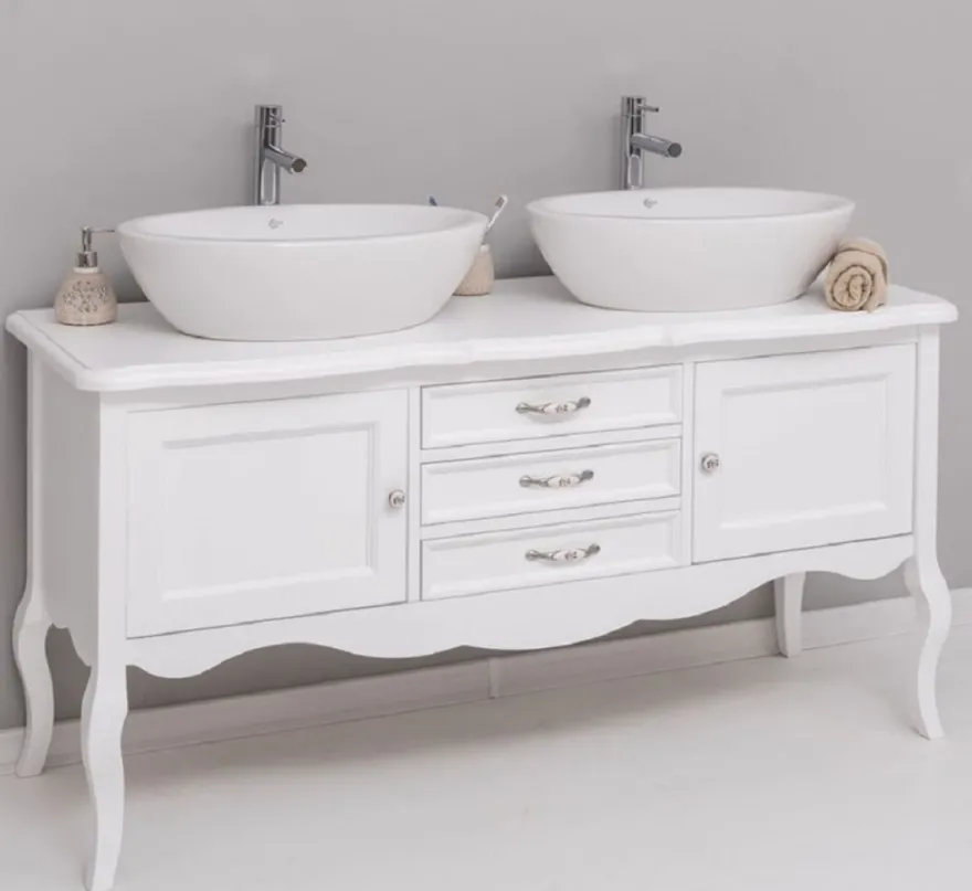 Casa Padrino Landhausstil Massivholz Doppel Waschtisch Weiß 150 cm - Landhausstil Badezimmer Möbel