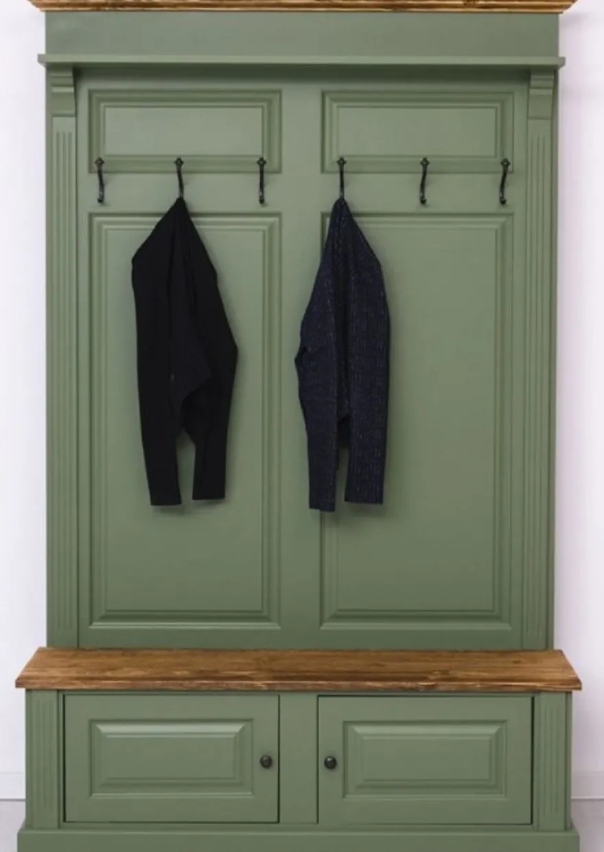 Casa Padrino Landhausstil Massivholz Garderobenschrank Grün / Braun 140 x 41 x H. 210 cm - Wand Garderobe - Flur Schrank - Flurmöbel - Garderobenmöbel - Landhausstil Möbel
