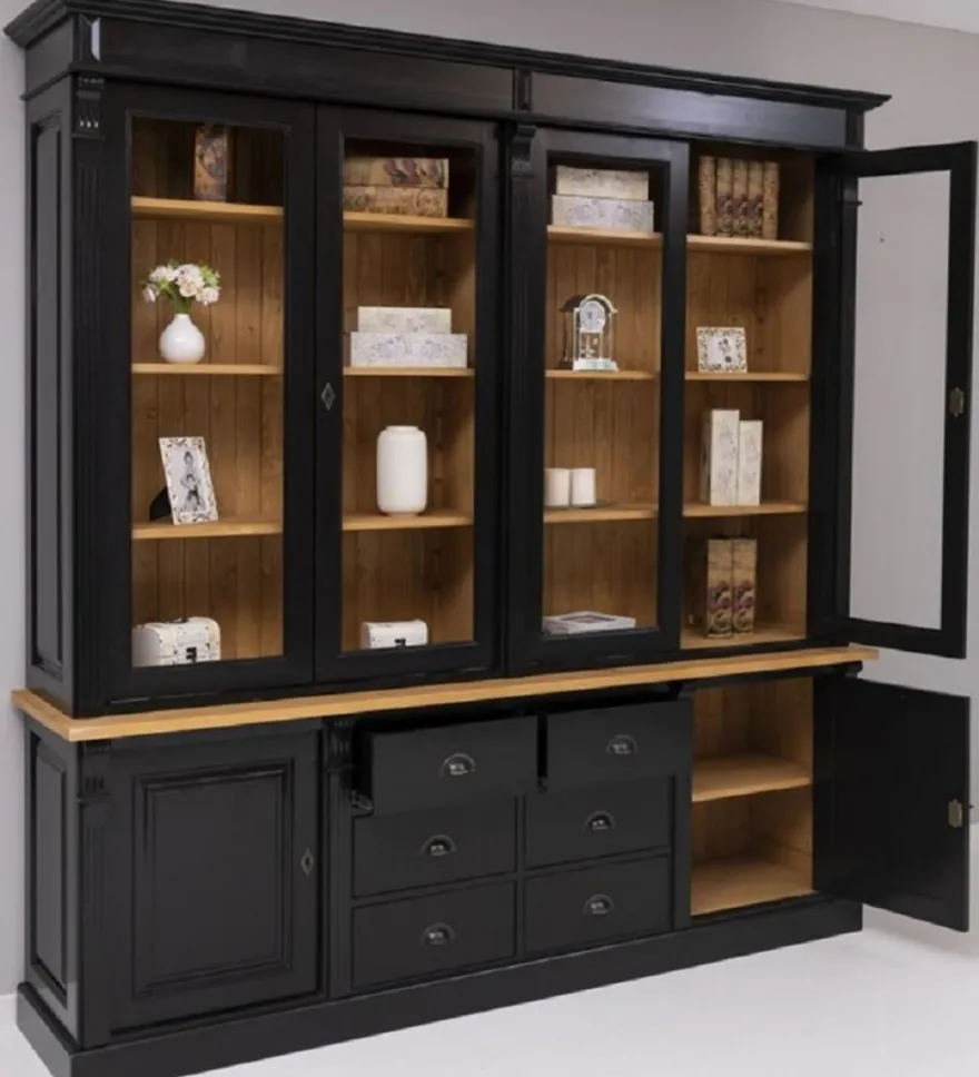 Casa Padrino Landhausstil Massivholz Schrank Schwarz / Naturfarben 223 x 51 x H. 228 cm - Bücherschrank - Regalschrank - Landhausstil Massivholz Möbel