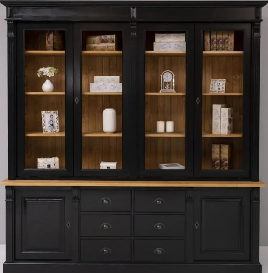 Casa Padrino Landhausstil Massivholz Schrank Schwarz / Naturfarben 223 x 51 x H. 228 cm - Bücherschrank - Regalschrank - Landhausstil Massivholz Möbel