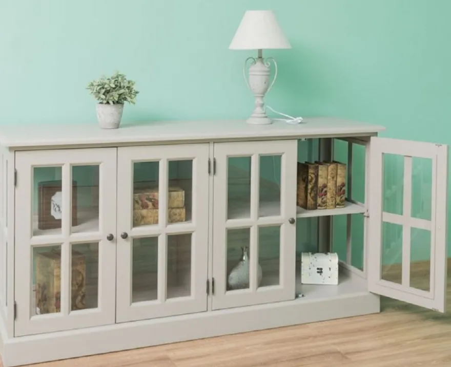Casa Padrino Landhausstil Massivholz Sideboard Grau 175 x 53 x H. 90 cm - Landhausstil Massivholz Schrank mit 4 Türen - Landhausstil Möbel - Landhausstil Einrichtung - Massivholz Möbel