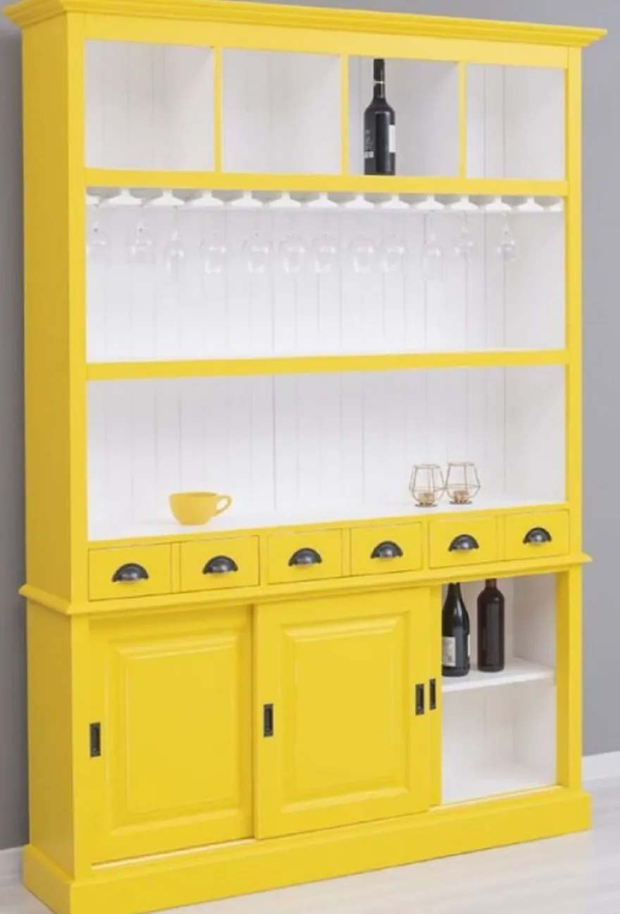 Casa Padrino Landhausstil Massivholz Barschrank Gelb / Weiß 151 x 36 x H. 210 cm - Massivholz Weinschrank im Landhausstil - Massivholz Bar Möbel - Landhausstil Bar Möbel