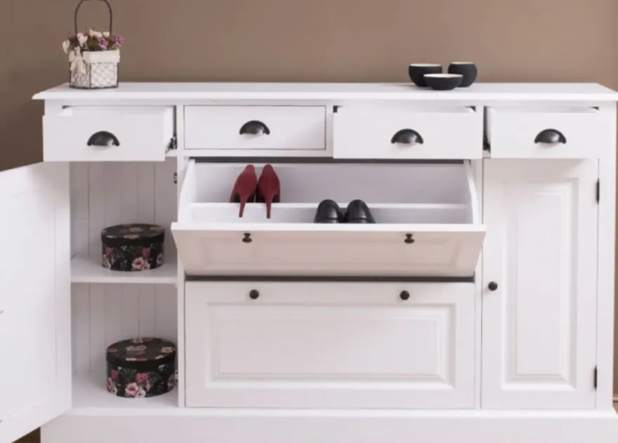 Casa Padrino Landhausstil Massivholz Schrank Weiß 176 x 35 x H. 105 cm - Sideboard - Kommode - Schuhschrank - Dielenschrank - Landhausstil Möbel