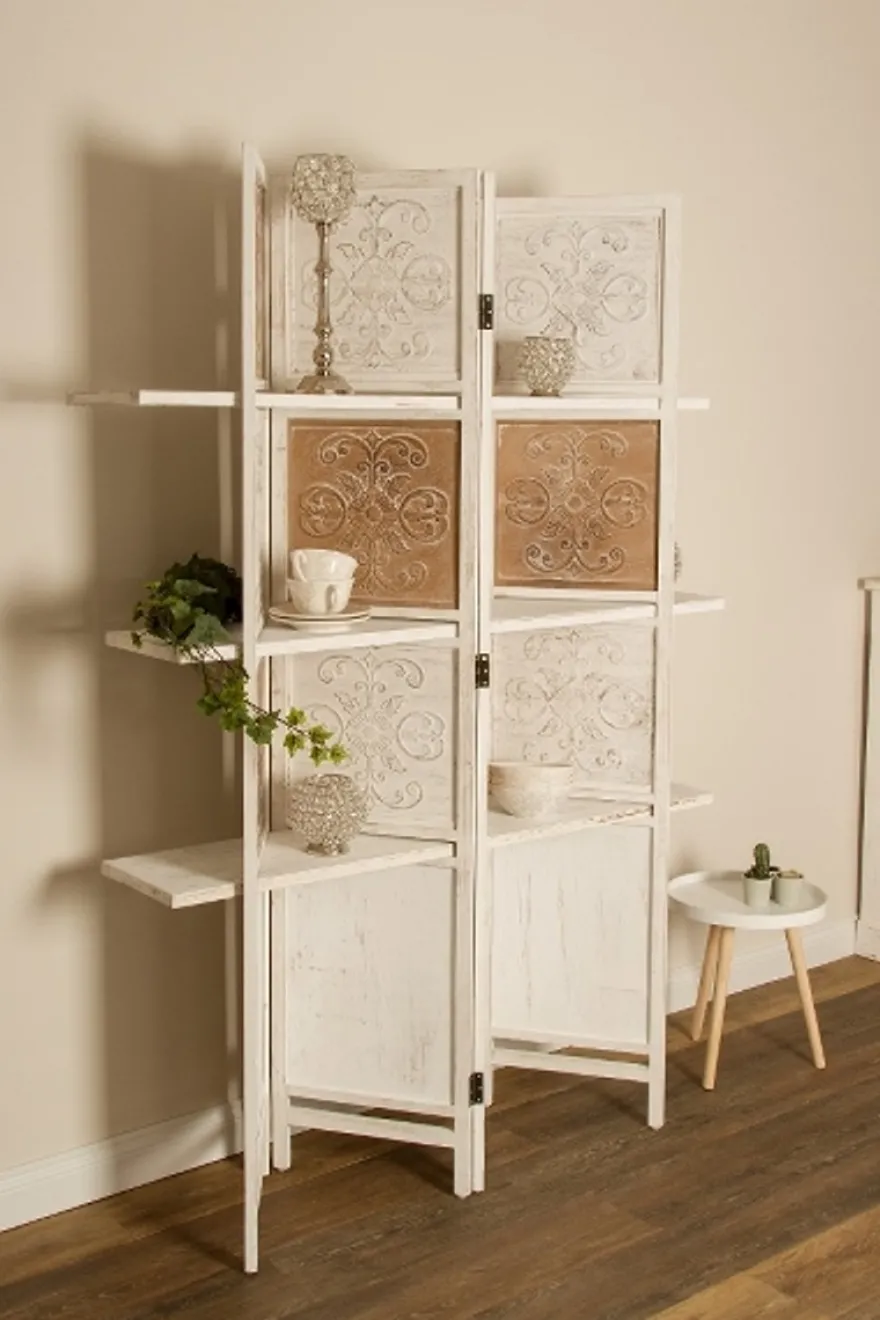 Casa Padrino Landhausstil Raumteiler mit 3 Regalen Antik Weiß / Antik Braun 155 x 2 x H. 181 cm - Shabby Chic Paravent Sichtschutz Trennwand