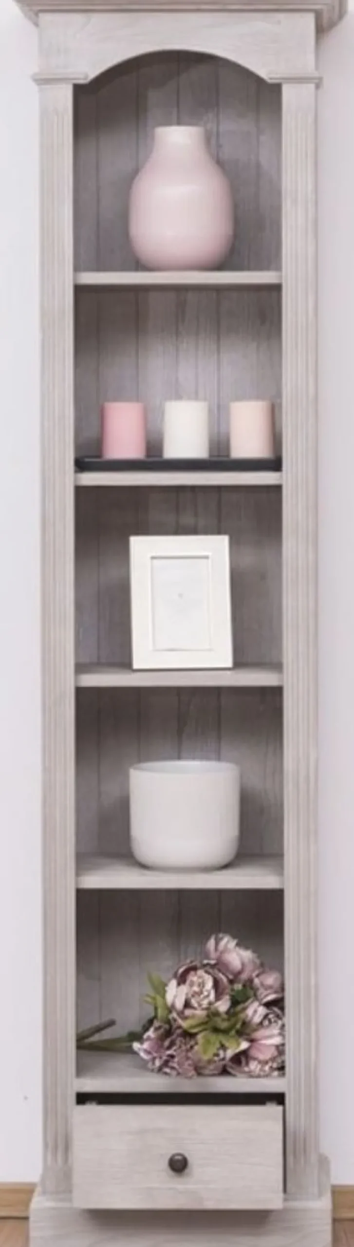 Casa Padrino Landhausstil Regalschrank Hellgrau 50 x 33 x H. 190 cm - Massivholz Schrank mit 4 Regalen und Schublade - Landhausstil Möbel