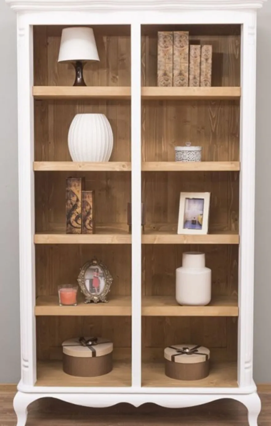 Casa Padrino Landhausstil Regalschrank Weiß / Naturfarben 112 x 49 x H. 190 cm - Massivholz Bücherschrank - Wohnzimmerschrank - Büroschrank - Möbel im Landhausstil
