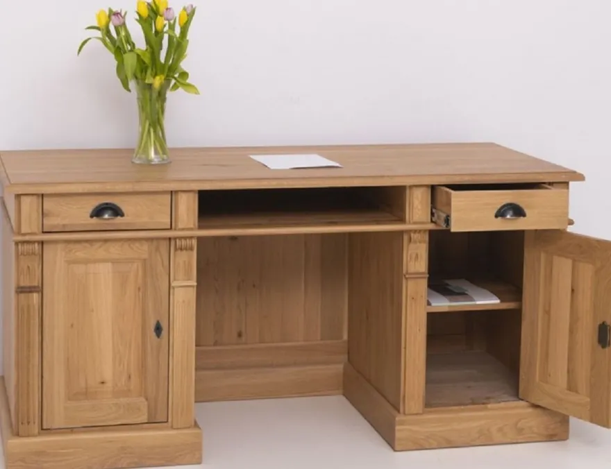 Casa Padrino Landhausstil Schreibtisch Naturfarben 160 x 70 x H. 78 cm - Massivholz Bürotisch mit 2 Türen und 2 Schubladen - Massivholz Möbel - Büro Möbel im Landhausstil - Landhausstil Möbel