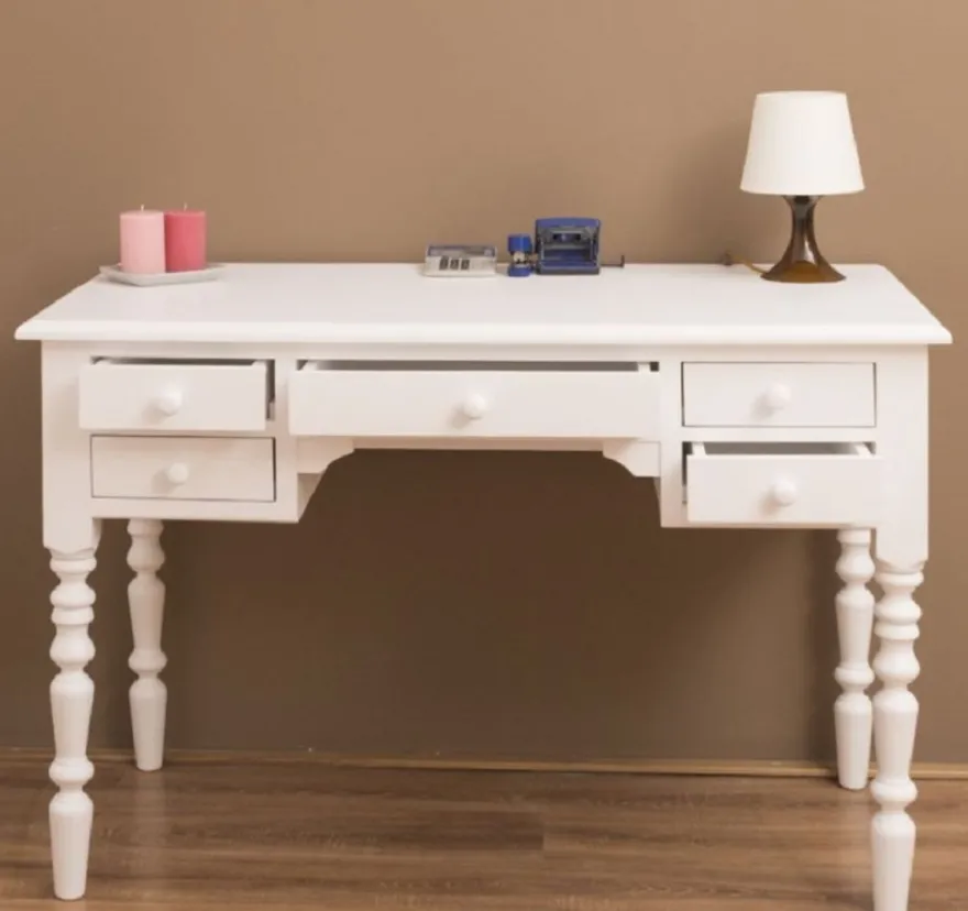 Casa Padrino Landhausstil Schreibtisch mit 5 Schubladen Weiß 130 x 65 x H. 83 cm - Massivholz Sekretär im Landhausstil - Büro Möbel - Massivholz Möbel - Landhausstil Möbel