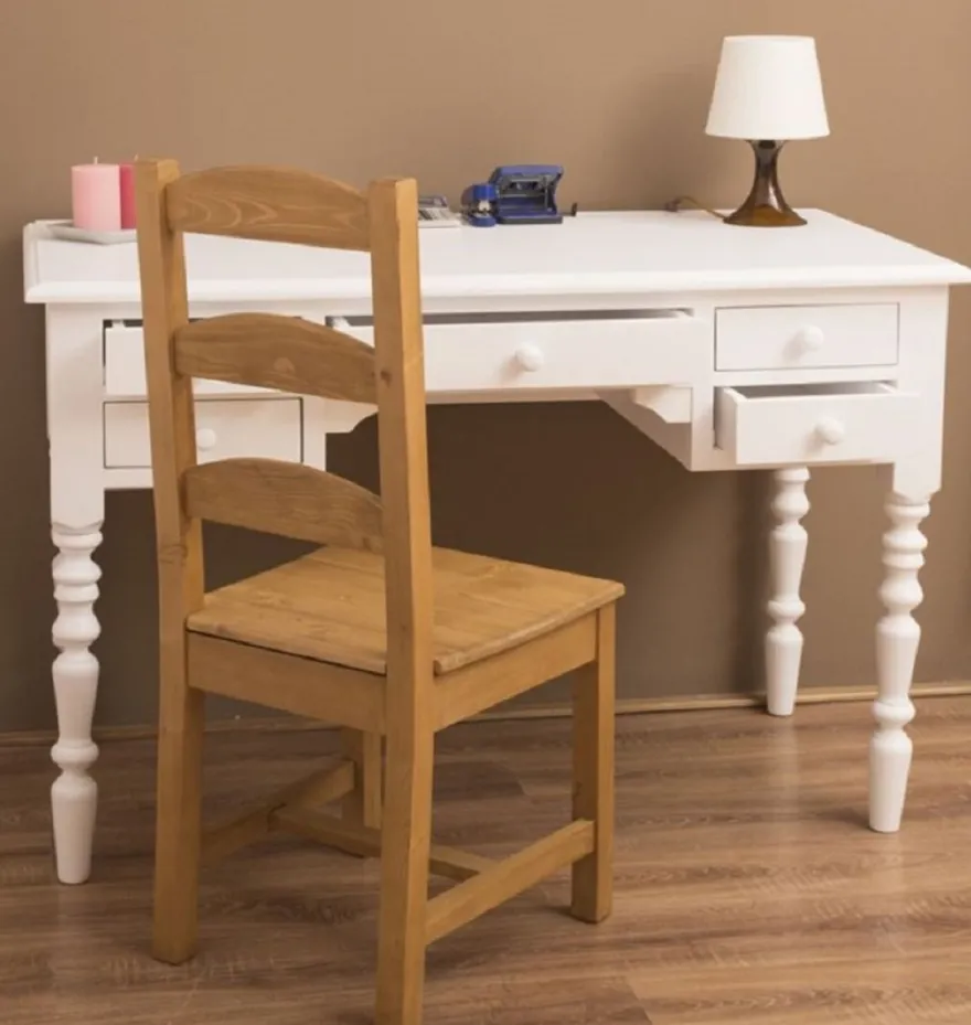 Casa Padrino Landhausstil Schreibtisch mit 5 Schubladen Weiß 130 x 65 x H. 83 cm - Massivholz Sekretär im Landhausstil - Büro Möbel - Massivholz Möbel - Landhausstil Möbel