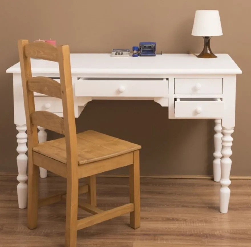 Casa Padrino Landhausstil Schreibtisch mit 5 Schubladen Weiß 130 x 65 x H. 83 cm - Massivholz Sekretär im Landhausstil - Büro Möbel - Massivholz Möbel - Landhausstil Möbel
