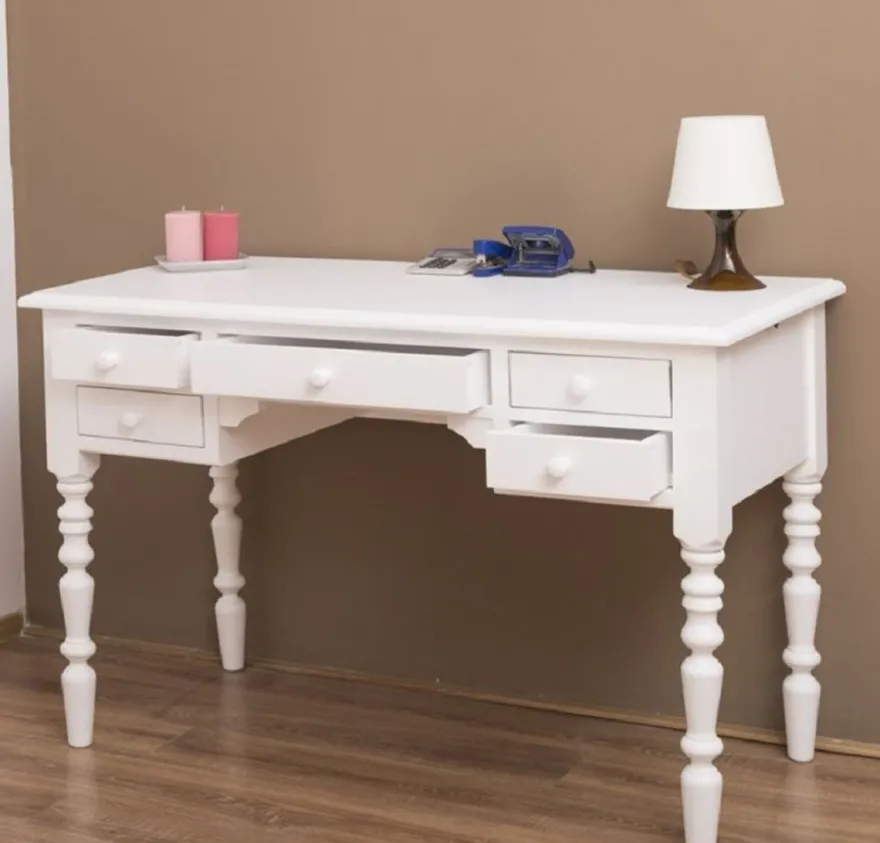 Casa Padrino Landhausstil Schreibtisch mit 5 Schubladen Weiß 130 x 65 x H. 83 cm - Massivholz Sekretär im Landhausstil - Büro Möbel - Massivholz Möbel - Landhausstil Möbel