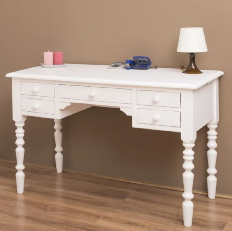 Casa Padrino Landhausstil Schreibtisch mit 5 Schubladen Weiß 130 x 65 x H. 83 cm - Massivholz Sekretär im Landhausstil - Büro Möbel - Massivholz Möbel - Landhausstil Möbel