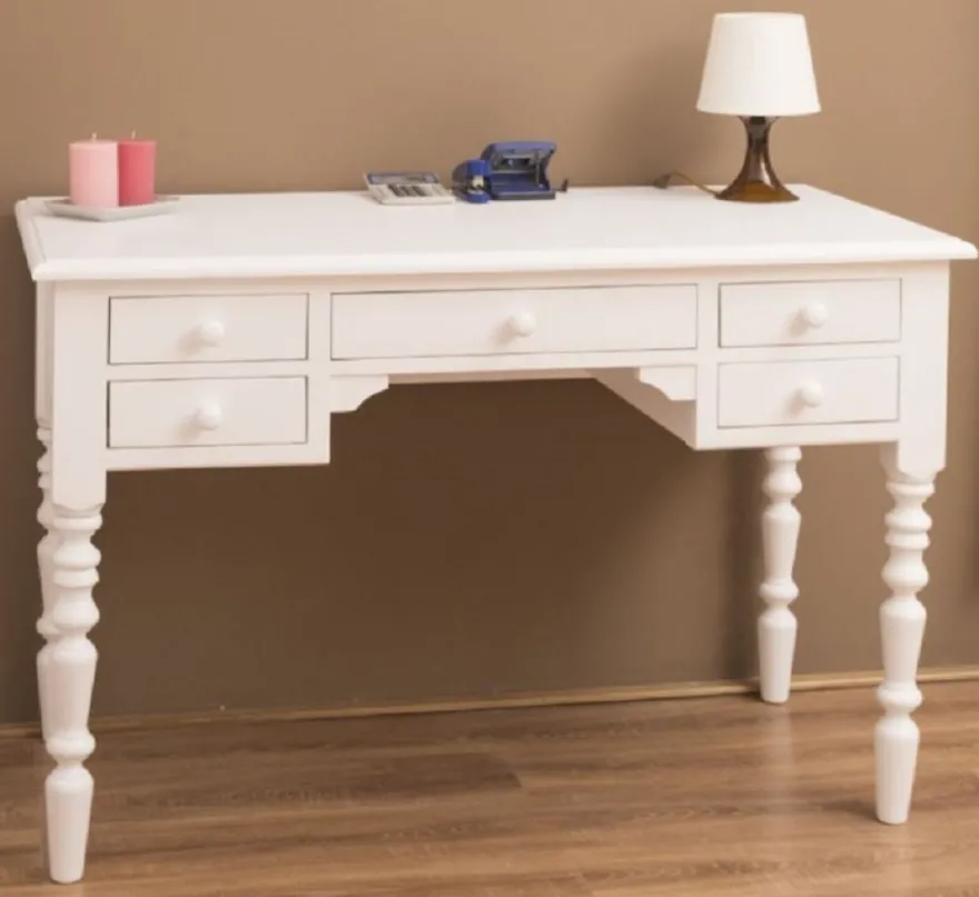 Casa Padrino Landhausstil Schreibtisch mit 5 Schubladen Weiß 130 x 65 x H. 83 cm - Massivholz Sekretär im Landhausstil - Büro Möbel - Massivholz Möbel - Landhausstil Möbel