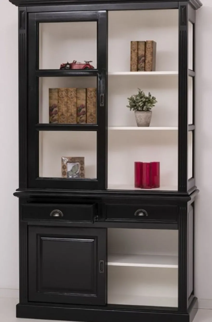 Casa Padrino Landhausstil Schrank Schwarz / Weiß 128 x 51 x H. 220 cm - Massivholz Vitrine mit 4 Schiebetüren und 2 Schubladen - Landhausstil Massivholz Möbel