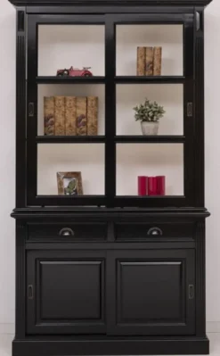 Casa Padrino Landhausstil Schrank Schwarz / Weiß 128 x 51 x H. 220 cm - Massivholz Vitrine mit 4 Schiebetüren und 2 Schubladen - Landhausstil Massivholz Möbel