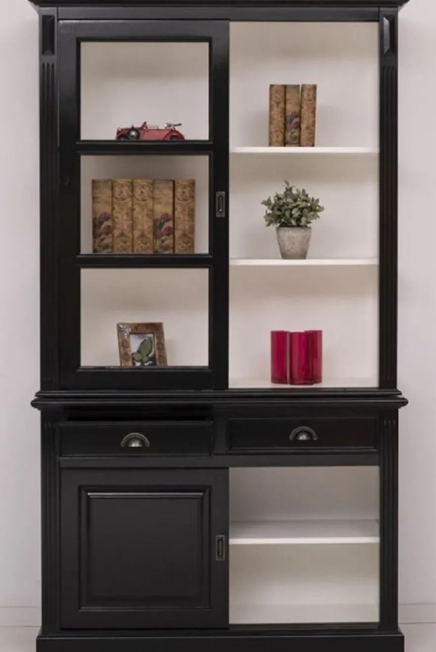 Casa Padrino Landhausstil Schrank Schwarz / Weiß 128 x 51 x H. 220 cm - Massivholz Vitrine mit 4 Schiebetüren und 2 Schubladen - Landhausstil Massivholz Möbel