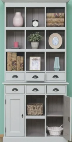 Casa Padrino Landhausstil Schrank Grau 97 x 40 x H. 210 cm - Massivholz Regalschrank mit 2 Türen und 6 Schubladen - Möbel im Landhausstil