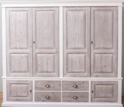 Casa Padrino Landhausstil Schlafzimmerschrank Weiß / Naturfarben 232 x 59 x H. 197 cm - Massivholz Kleiderschrank mit 6 Türen und 4 Schubladen - Massivholz Schlafzimmer Möbel im Landhausstil