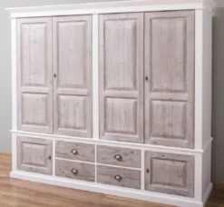 Casa Padrino Landhausstil Schlafzimmerschrank Weiß / Naturfarben 232 x 59 x H. 197 cm - Massivholz Kleiderschrank mit 6 Türen und 4 Schubladen - Massivholz Schlafzimmer Möbel im Landhausstil