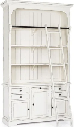 Casa Padrino Landhausstil Schrank mit Leiter Antik Weiß 143,5 x 40,6 x H. 233,7 cm - Bücherschrank - Regalschrank - Wohnzimmerschrank - Büroschrank - Landhausstil Möbel