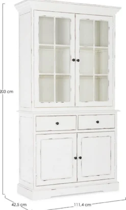 Casa Padrino Landhausstil Schrank Antik Weiß 111,4 x 42,5 x H. 203 cm - Landhausstil Esszimmerschrank mit 4 Türen und 2 Schubladen - Landhausstil Vitrine - Landhausstil Esszimmer Möbel